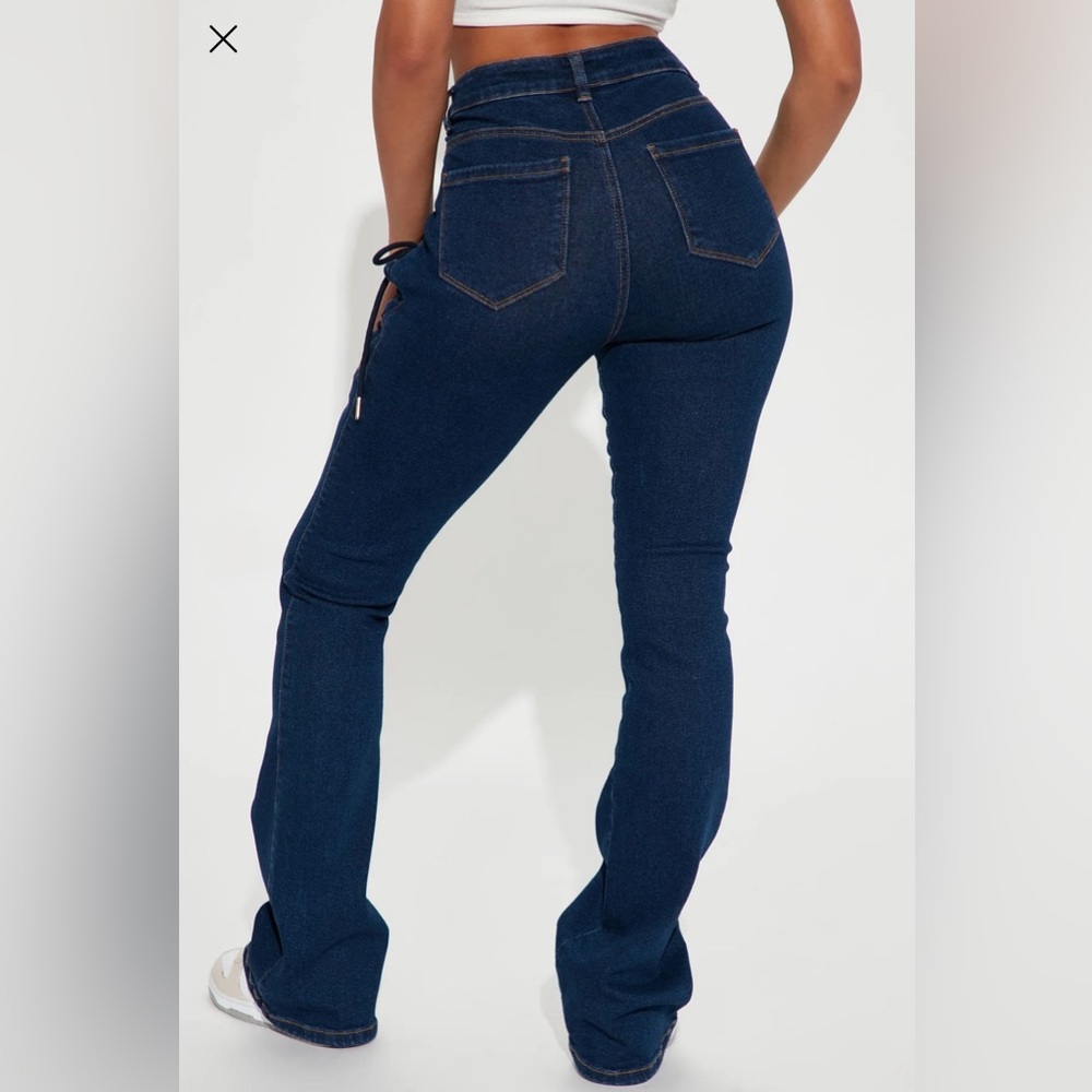 NWT - Fashion Nova Lace-Up Flare Jeans | Dark Wash High-Rise Denim - Picture 4 of 8